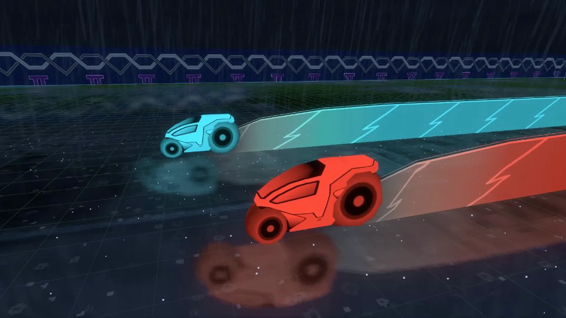 Two 1nstances racing light cycles across the node floor, cyan and red trails behind them