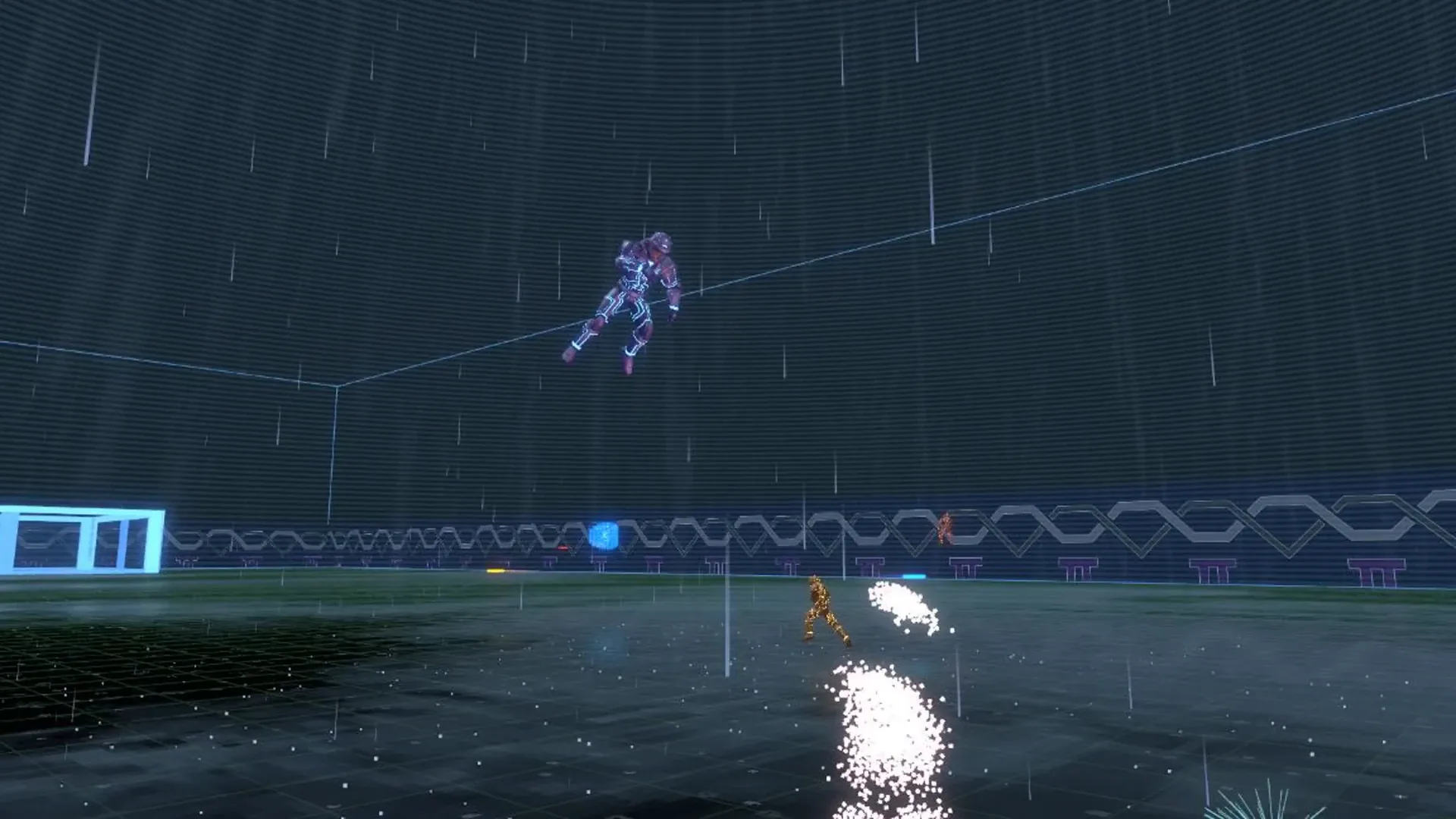 An 1nstance launching into the air over the arena as a disc detonates below