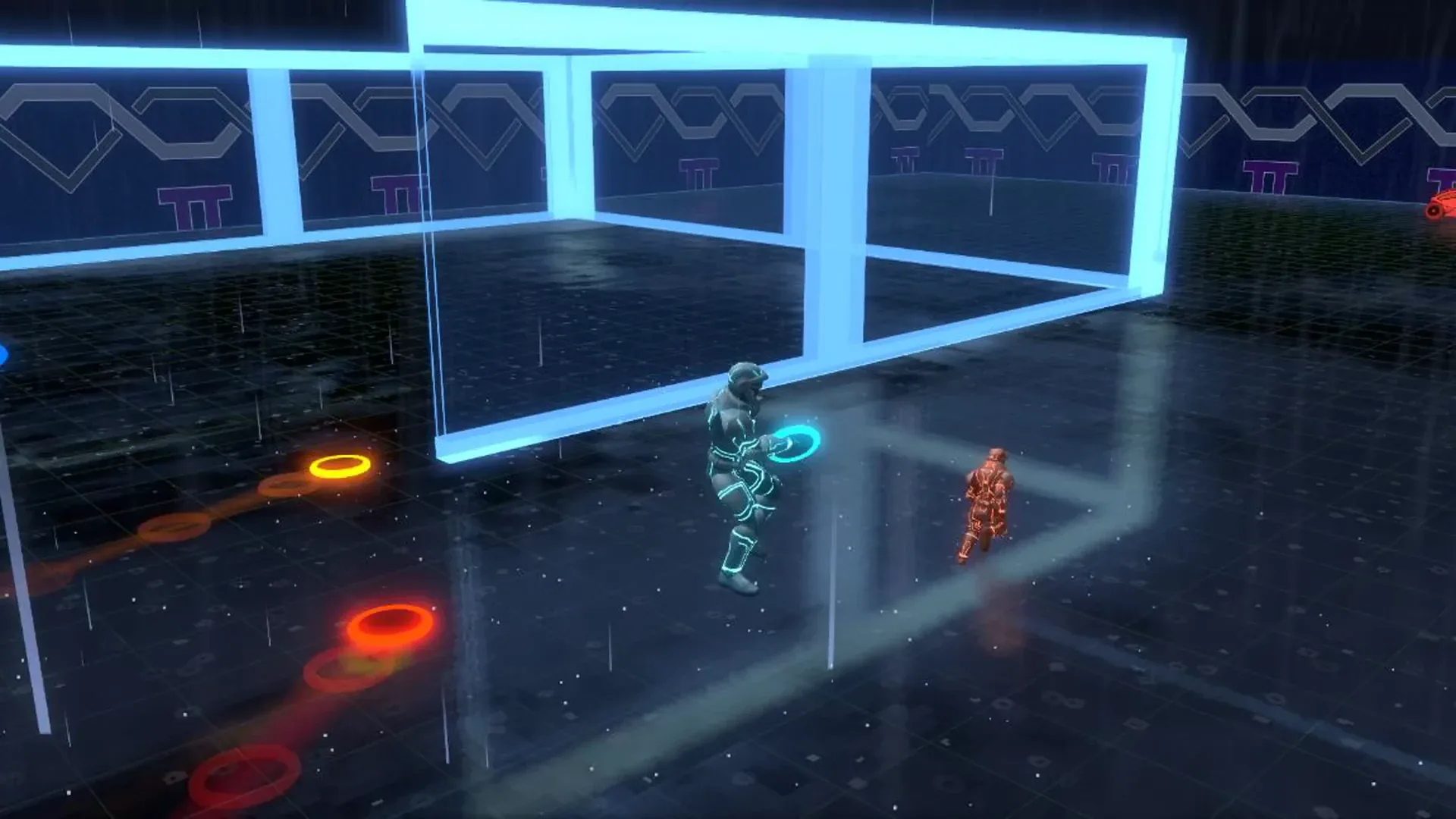 Two 1nstances facing off at a lit gate, discs drawn