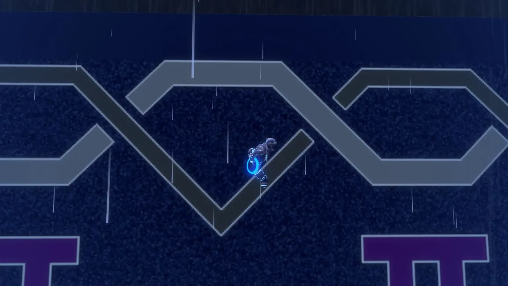 A lone 1nstance riding the arena wall high above the floor