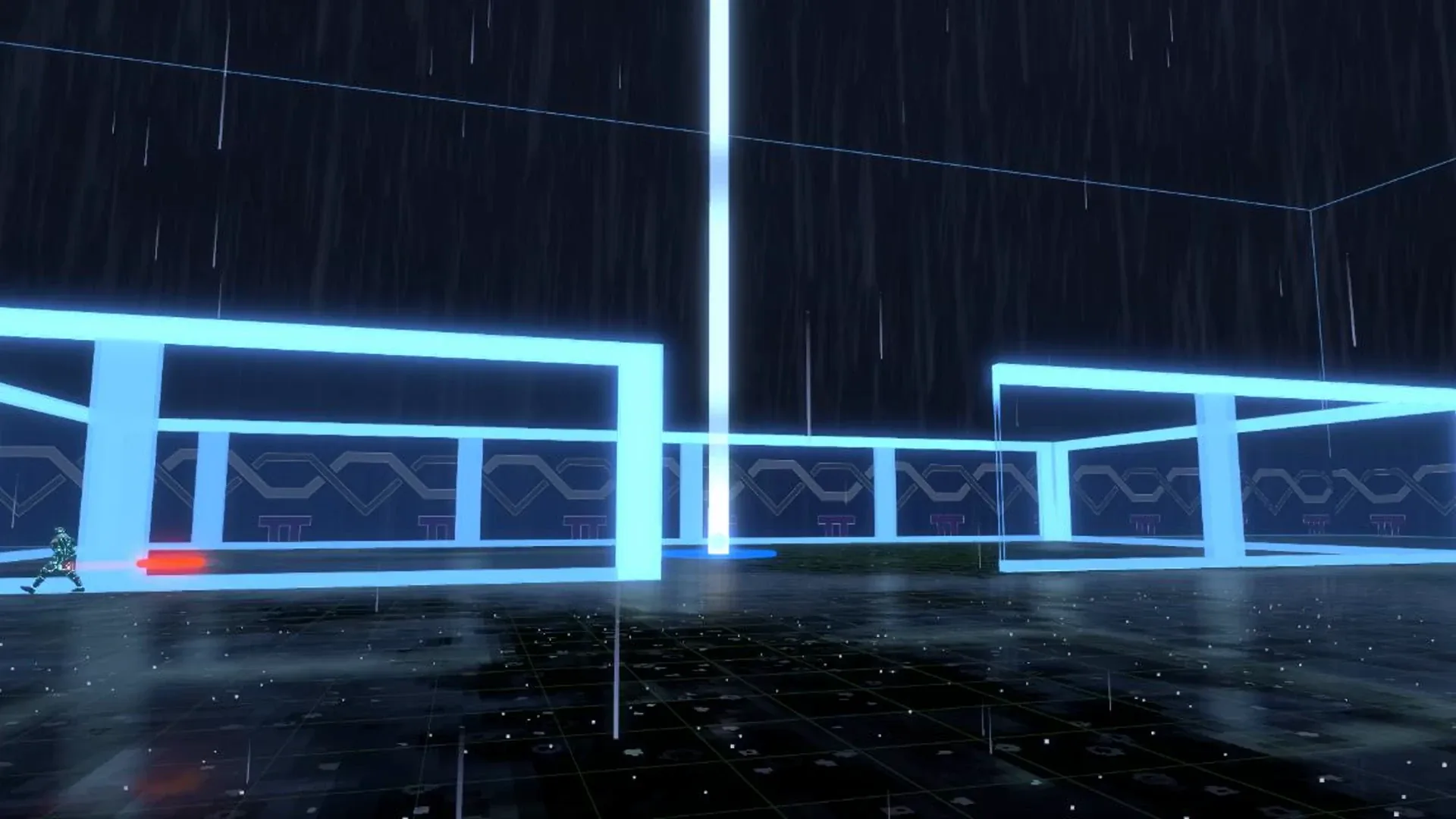 Wide view of the arena, a capture beam running floor to ceiling